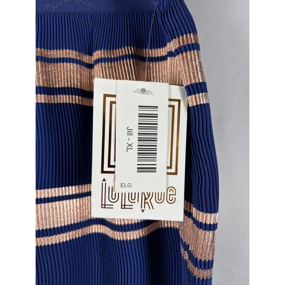 LuLaRoe Jill Skirt Womens XL‎ Navy Rose Gold Metallic Striped Pleated Midi New